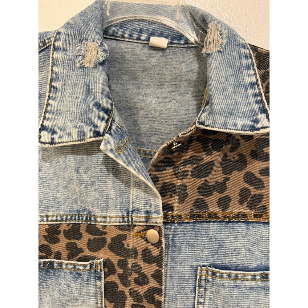 Acid Wash Leopard Print Distressed Oversized Denim Jacket Blue Brown Womens S - Picture 5 of 9